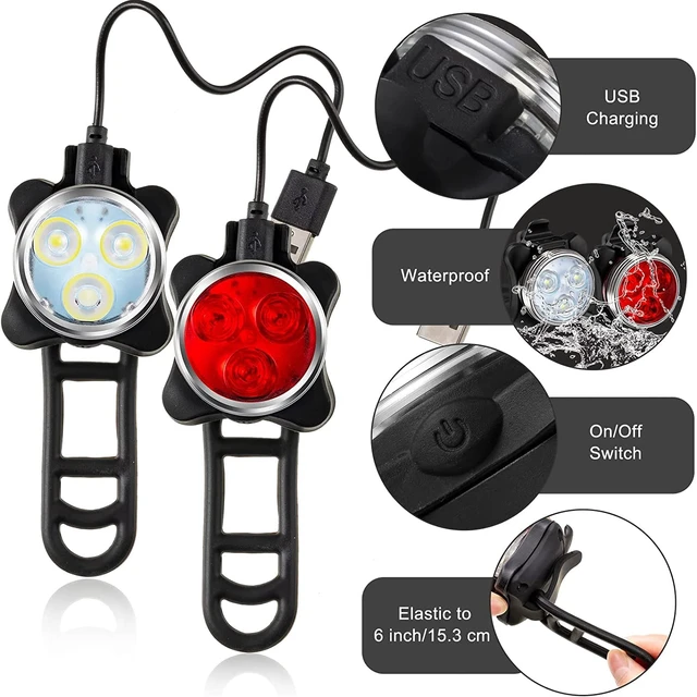Alt view image 3 of 7 - 2X Rechargeable Bike Light Sets (Total of 4 Lights: Two Red and Two White), Super Bright Front Headlights and Rear LED Bicycle Lights, 650mah Lithium Batteries,4 Light Mode Options