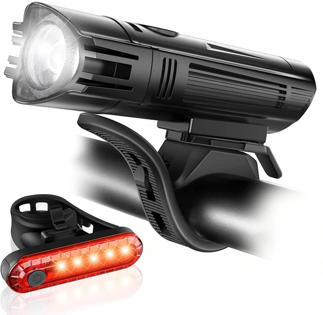 Main image of Ultra Bright USB Rechargeable Bike Light Set, Powerful Bicycle Front Headlight and Back Taillight, 4 Light Modes, Easy to Install for Men Women Road Mountain Cycling Black