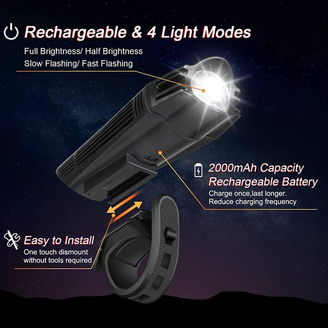 Alt view image 3 of 6 - Ultra Bright USB Rechargeable Bike Light Set, Powerful Bicycle Front Headlight and Back Taillight, 4 Light Modes, Easy to Install for Men Women Road Mountain Cycling Black