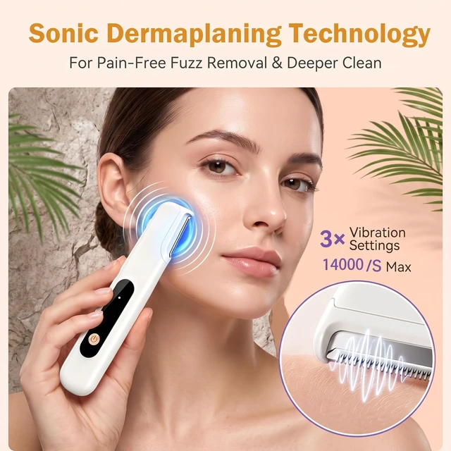 Alt view image 2 of 7 - Electric Sonic Dermaplane Razor for Women Face, 3Speed Settings, LED Light | & Digital Battery Level Display, 4 Dermaplaning Blades, Peach Fuzz Removal & Exfoliation, Eyebrow and Facial Hair Remover