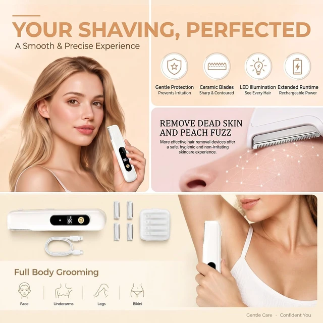 Alt view image 4 of 7 - Electric Sonic Dermaplane Razor for Women Face, 3Speed Settings, LED Light | & Digital Battery Level Display, 4 Dermaplaning Blades, Peach Fuzz Removal & Exfoliation, Eyebrow and Facial Hair Remover