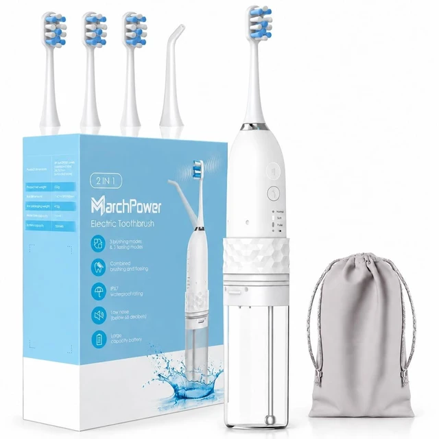 Main image of 2 in 1 Electric Toothbrush with Water Flosser Combo, White | Sonic Toothbrush with IPX7 Waterproof, 3 Brushing & 4 Flossing Modes, Detachable Water Tank, Cordless Rechargeable Oral Care