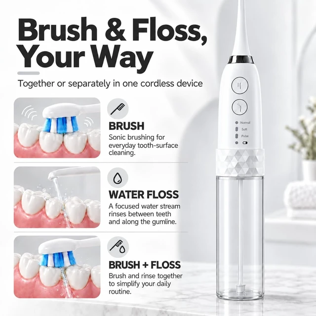 Alt view image 2 of 7 - 2 in 1 Electric Toothbrush with Water Flosser Combo, White | Sonic Toothbrush with IPX7 Waterproof, 3 Brushing & 4 Flossing Modes, Detachable Water Tank, Cordless Rechargeable Oral Care