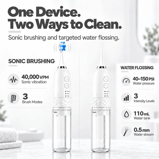 Alt view image 3 of 7 - 2 in 1 Electric Toothbrush with Water Flosser Combo, White | Sonic Toothbrush with IPX7 Waterproof, 3 Brushing & 4 Flossing Modes, Detachable Water Tank, Cordless Rechargeable Oral Care