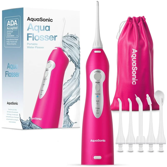 Main image of Aqua Flosser Water Flosser, ADA Accepted, Electric Pink | Clinically Studied, Cordless, 5 Jet Tips, 3 Modes, 360° Rotating Tips, Waterproof, Rechargeable, Travel Bag, Braces Care