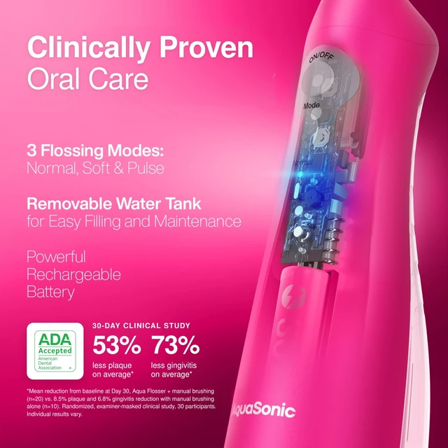 Alt view image 3 of 7 - Aqua Flosser Water Flosser, ADA Accepted, Electric Pink | Clinically Studied, Cordless, 5 Jet Tips, 3 Modes, 360° Rotating Tips, Waterproof, Rechargeable, Travel Bag, Braces Care