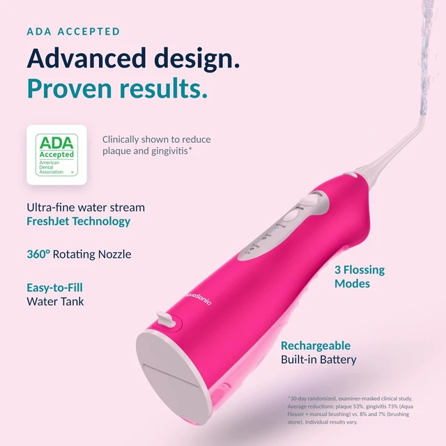 Alt view image 4 of 7 - Aqua Flosser Water Flosser, ADA Accepted, Electric Pink | Clinically Studied, Cordless, 5 Jet Tips, 3 Modes, 360° Rotating Tips, Waterproof, Rechargeable, Travel Bag, Braces Care