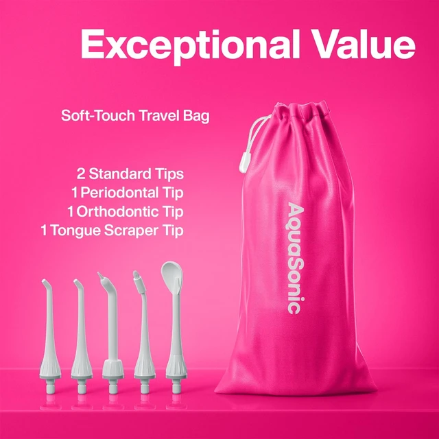 Alt view image 6 of 7 - Aqua Flosser Water Flosser, ADA Accepted, Electric Pink | Clinically Studied, Cordless, 5 Jet Tips, 3 Modes, 360° Rotating Tips, Waterproof, Rechargeable, Travel Bag, Braces Care
