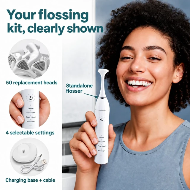 Alt view image 4 of 7 - Water-Free Electric Flosser, 4 Settings, 50 Heads, Glacier White | Water-free mechanical flossing, 4 selectable settings, 50 refill heads, rechargeable handle, charging base and cable