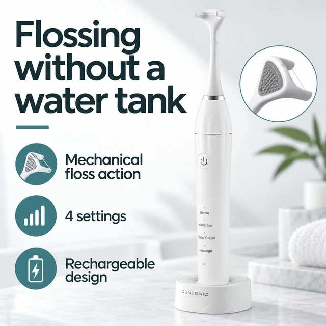 Alt view image 6 of 7 - Water-Free Electric Flosser, 4 Settings, 50 Heads, Glacier White | Water-free mechanical flossing, 4 selectable settings, 50 refill heads, rechargeable handle, charging base and cable