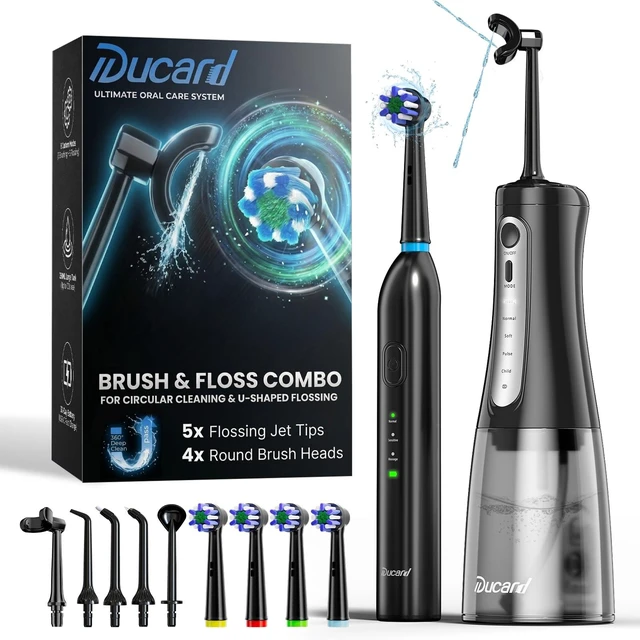 Main image of Water Flosser with Electric Toothbrush Combo, Oral Clean Kit, Black | Sonic 360° Round Brush & U-Shape Flossing, 350ml Tank, Portable for Teeth, Braces, Gentle Gum Care, Family Travel Use