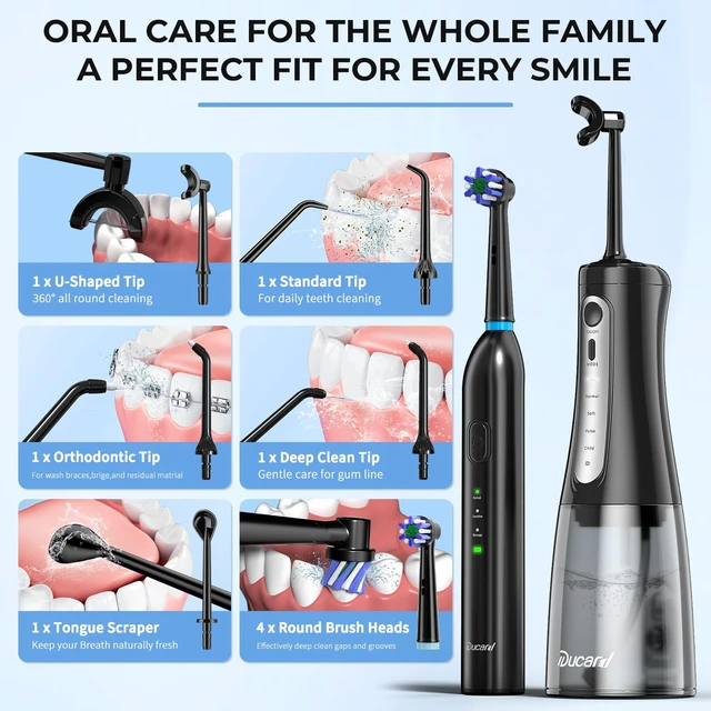 Alt view image 4 of 7 - Water Flosser with Electric Toothbrush Combo, Oral Clean Kit, Black | Sonic 360° Round Brush & U-Shape Flossing, 350ml Tank, Portable for Teeth, Braces, Gentle Gum Care, Family Travel Use