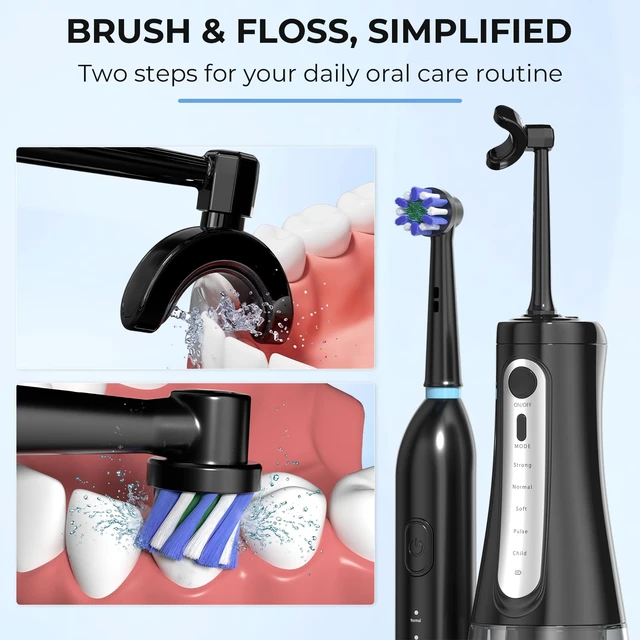 Alt view image 2 of 7 - Water Flosser with Electric Toothbrush Combo, Oral Clean Kit, Black | Sonic 360° Round Brush & U-Shape Flossing, 350ml Tank, Portable for Teeth, Braces, Gentle Gum Care, Family Travel Use