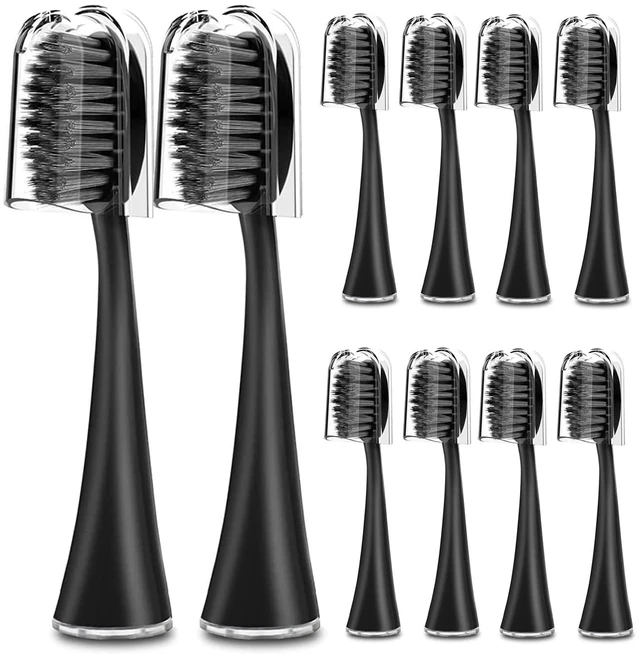 Main image of Replacement Toothbrush Heads for Burst Sonic Toothbrush with Dust Cover Caps, Charcoal Soft Bristles, Black, Pack of 10