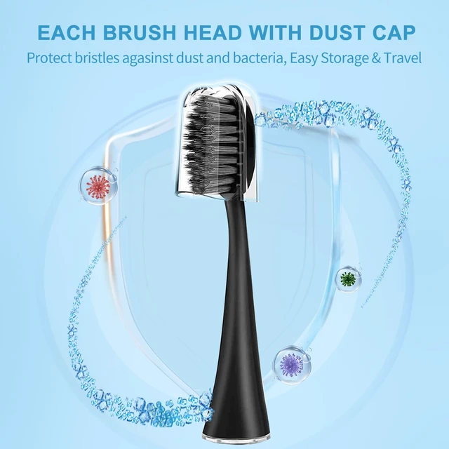Alt view image 7 of 7 - Replacement Toothbrush Heads for Burst Sonic Toothbrush with Dust Cover Caps, Charcoal Soft Bristles, Black, Pack of 10