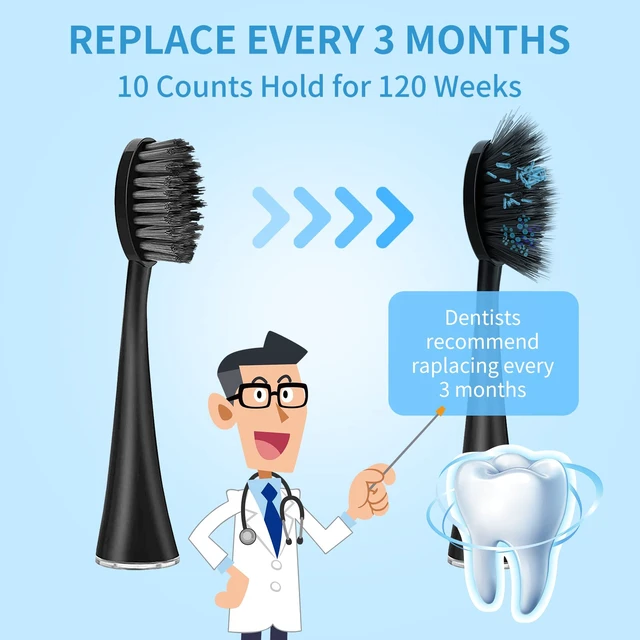 Alt view image 6 of 7 - Replacement Toothbrush Heads for Burst Sonic Toothbrush with Dust Cover Caps, Charcoal Soft Bristles, Black, Pack of 10