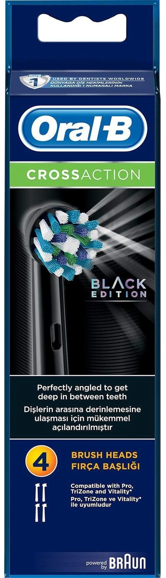 Main image of Genuine CrossAction Replacement Black Toothbrush Heads, Refills for Electric Toothbrush, Angled Bristles for up to 100 Percent More Plaque Removal, Pack of 4