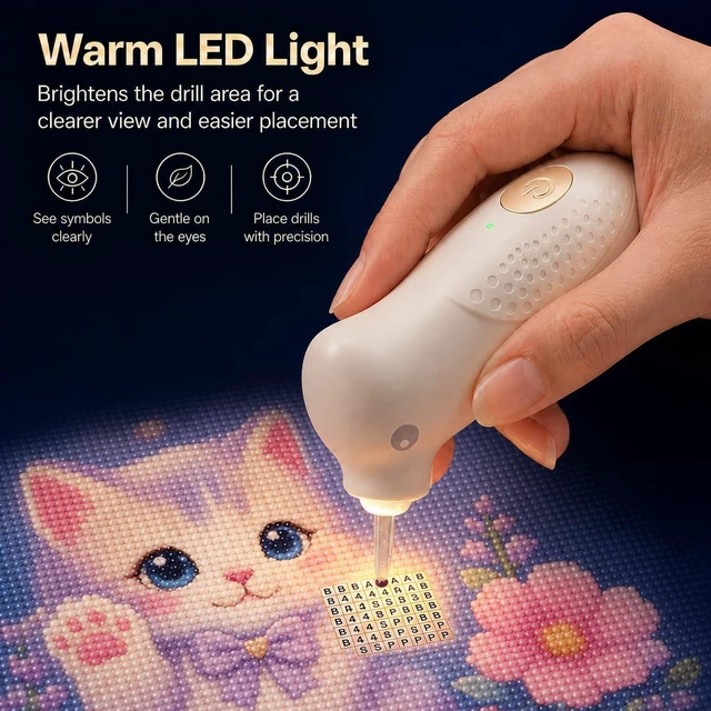 Alt view image 2 of 7 - Electric Diamond Painting Pen with Light, Cordless Vacuum Pickup | Ergonomic Palm Grip, Fixed Suction Tip, No Wax Needed, USB-C Rechargeable, 500mAh Battery for 5D Diamond Art