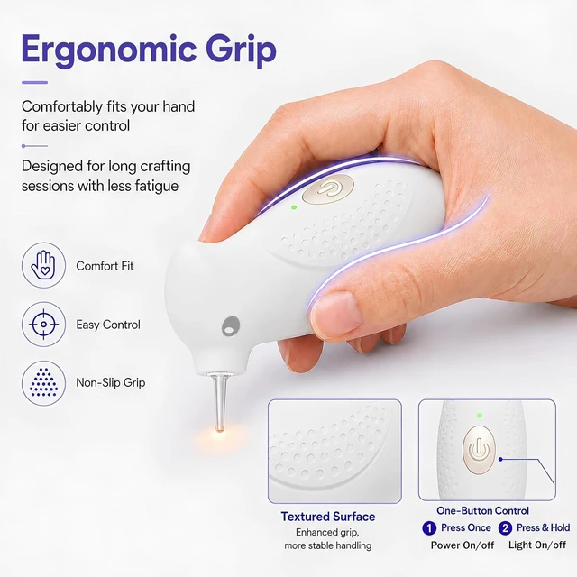 Alt view image 4 of 7 - Electric Diamond Painting Pen with Light, Cordless Vacuum Pickup | Ergonomic Palm Grip, Fixed Suction Tip, No Wax Needed, USB-C Rechargeable, 500mAh Battery for 5D Diamond Art