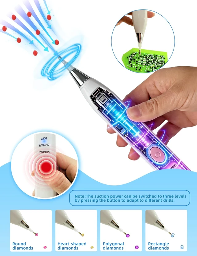 Alt view image 5 of 7 - Electric Diamond Painting Pen, Cordless & Rechargeable, White | Diamond Art Vacuum Pen with 6 Tips & 3 Suction Modes, No-Wax Design, Lightweight DIY Tool for Adults & Beginners