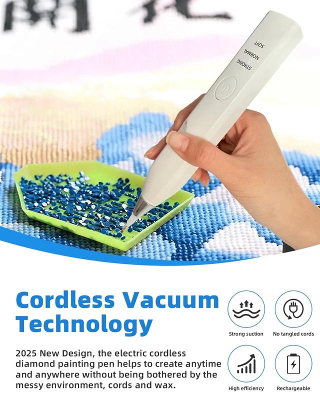 Alt view image 2 of 7 - Electric Diamond Painting Pen, Cordless & Rechargeable, White | Diamond Art Vacuum Pen with 6 Tips & 3 Suction Modes, No-Wax Design, Lightweight DIY Tool for Adults & Beginners