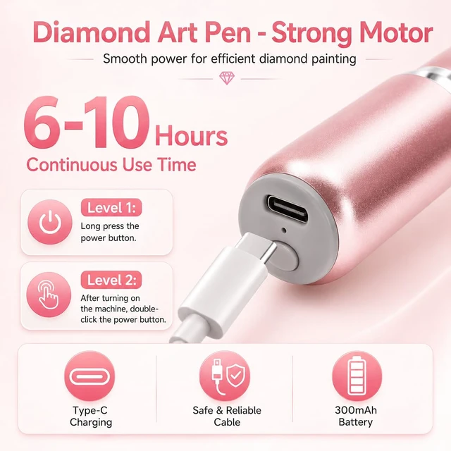Alt view image 4 of 7 - Wireless Electric Diamond Art Pen, Vacuum Diamond Painting Pen No Wax Needed, 150° Ergonomic Tip, Quiet Lightweight & Rechargeable Diamond Art Accessories for Adults (Pink)