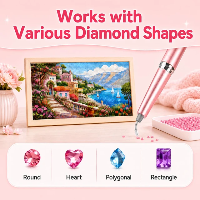 Alt view image 5 of 7 - Wireless Electric Diamond Art Pen, Vacuum Diamond Painting Pen No Wax Needed, 150° Ergonomic Tip, Quiet Lightweight & Rechargeable Diamond Art Accessories for Adults (Pink)