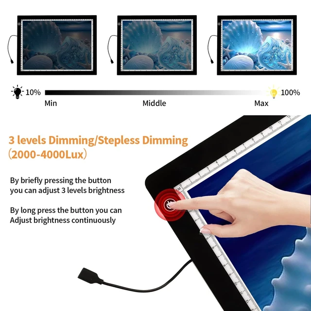 Alt view image 4 of 7 - A3 Light Pad for Diamond Painting Kit,4800Lux Super Bright 5mm Ultra Thin Diamond Art Light Board with Stand and Clip,3 Levels Dimming Light Box for Artists,Drawing,Sketching,Animation