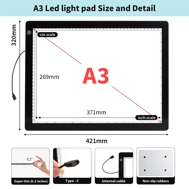 Alt view image 3 of 7 - A3 Light Pad for Diamond Painting Kit,4800Lux Super Bright 5mm Ultra Thin Diamond Art Light Board with Stand and Clip,3 Levels Dimming Light Box for Artists,Drawing,Sketching,Animation