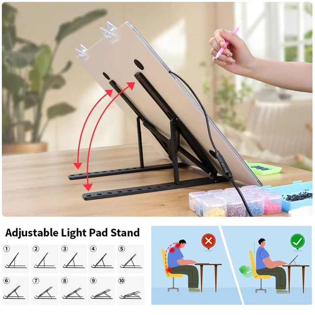 Alt view image 2 of 7 - A3 Light Pad for Diamond Painting Kit,4800Lux Super Bright 5mm Ultra Thin Diamond Art Light Board with Stand and Clip,3 Levels Dimming Light Box for Artists,Drawing,Sketching,Animation