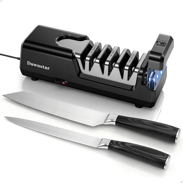 Main image of Electric Knife Sharpener, 3-Stage Diamond Electric Knife Sharpener 20° for Kitchen Knives, Quick Repairing in 40 Seconds, with Special Port for Scissors & Metal Dust Collection Box, Black
