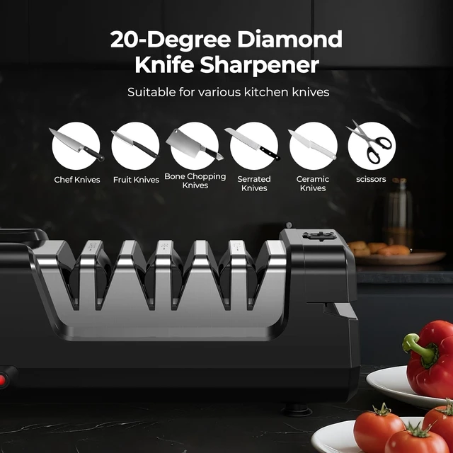 Alt view image 2 of 7 - Electric Knife Sharpener, 3-Stage Diamond Electric Knife Sharpener 20° for Kitchen Knives, Quick Repairing in 40 Seconds, with Special Port for Scissors & Metal Dust Collection Box, Black