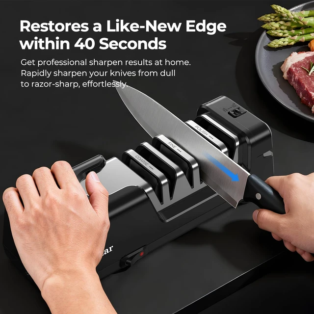 Alt view image 3 of 7 - Electric Knife Sharpener, 3-Stage Diamond Electric Knife Sharpener 20° for Kitchen Knives, Quick Repairing in 40 Seconds, with Special Port for Scissors & Metal Dust Collection Box, Black