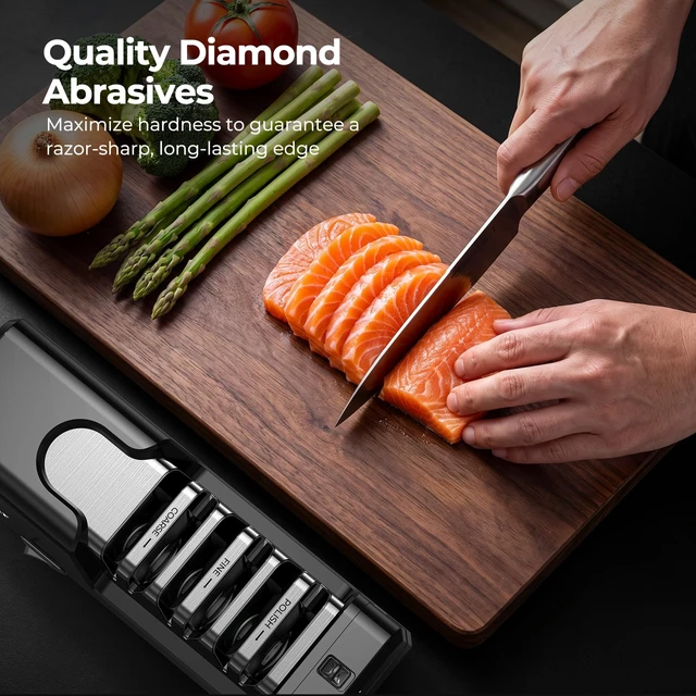 Alt view image 5 of 7 - Electric Knife Sharpener, 3-Stage Diamond Electric Knife Sharpener 20° for Kitchen Knives, Quick Repairing in 40 Seconds, with Special Port for Scissors & Metal Dust Collection Box, Black
