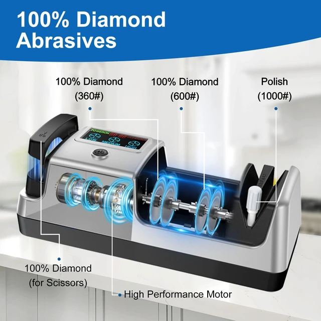 Alt view image 2 of 7 - Upgrade 5-in-1 Electric Knife Sharpener, Professional 3-Stage with LCD Screen, 100% Diamond Abrasives, 3 Rotational Speed Adjustable, knife sharpener for Straight, Serrated, Meat Cleaver, Scissors