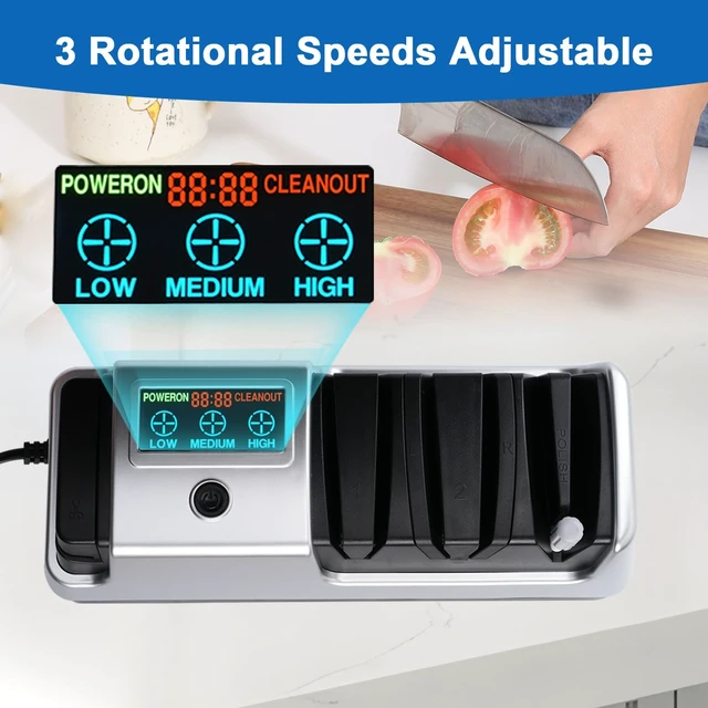 Alt view image 4 of 7 - Upgrade 5-in-1 Electric Knife Sharpener, Professional 3-Stage with LCD Screen, 100% Diamond Abrasives, 3 Rotational Speed Adjustable, knife sharpener for Straight, Serrated, Meat Cleaver, Scissors