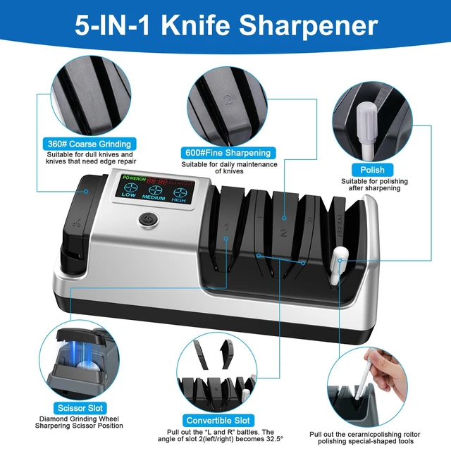 Alt view image 3 of 7 - Upgrade 5-in-1 Electric Knife Sharpener, Professional 3-Stage with LCD Screen, 100% Diamond Abrasives, 3 Rotational Speed Adjustable, knife sharpener for Straight, Serrated, Meat Cleaver, Scissors