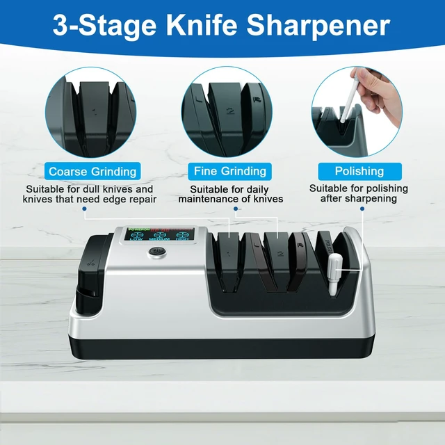 Alt view image 5 of 7 - Upgrade 5-in-1 Electric Knife Sharpener, Professional 3-Stage with LCD Screen, 100% Diamond Abrasives, 3 Rotational Speed Adjustable, knife sharpener for Straight, Serrated, Meat Cleaver, Scissors