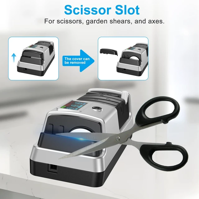 Alt view image 7 of 7 - Upgrade 5-in-1 Electric Knife Sharpener, Professional 3-Stage with LCD Screen, 100% Diamond Abrasives, 3 Rotational Speed Adjustable, knife sharpener for Straight, Serrated, Meat Cleaver, Scissors