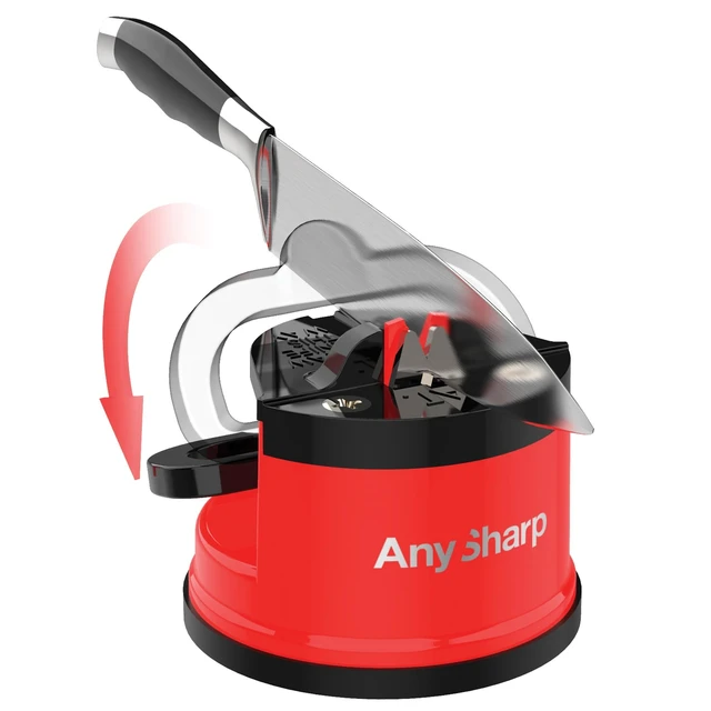 Alt view image 2 of 7 - GLOBAL Easy to Use, Hands Free Knife Sharpener - Red | Sharpening Tool with PowerGrip Suction Base and 20-Deg Pre-set Angle - For All Knives: Chefs, Serrated, and Hardened Steel
