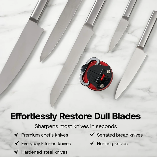Alt view image 5 of 7 - GLOBAL Easy to Use, Hands Free Knife Sharpener - Red | Sharpening Tool with PowerGrip Suction Base and 20-Deg Pre-set Angle - For All Knives: Chefs, Serrated, and Hardened Steel