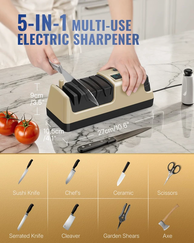 Alt view image 2 of 7 - Electric Knife Sharpener, 5-in-1 Scissor Sharpeners, 3 Rotational Speed Adjustable Electric Knife Sharpener for Straight/Serrated/Ceramic Knives, Scissors, Chef Knives, Axes, Gold G01KS06