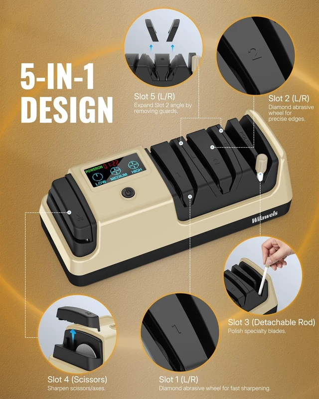 Alt view image 3 of 7 - Electric Knife Sharpener, 5-in-1 Scissor Sharpeners, 3 Rotational Speed Adjustable Electric Knife Sharpener for Straight/Serrated/Ceramic Knives, Scissors, Chef Knives, Axes, Gold G01KS06