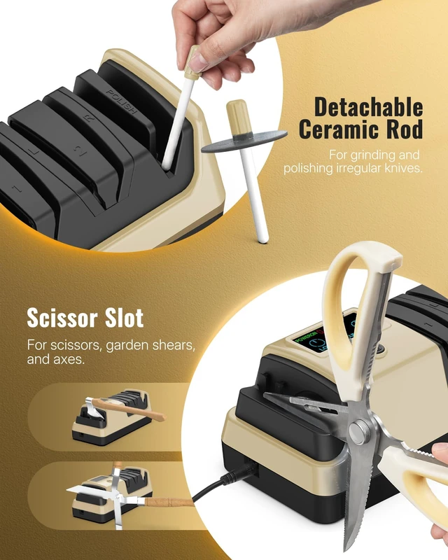 Alt view image 5 of 7 - Electric Knife Sharpener, 5-in-1 Scissor Sharpeners, 3 Rotational Speed Adjustable Electric Knife Sharpener for Straight/Serrated/Ceramic Knives, Scissors, Chef Knives, Axes, Gold G01KS06