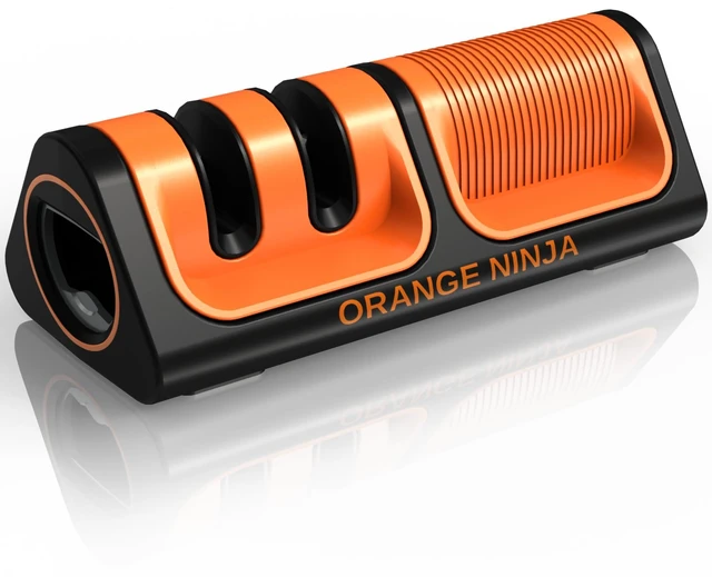 Main image of Orange Ninja Mini Knife Sharpener - Coarse & Fine Small Knife Sharpener | Easy to Use Handheld Knife Sharpeners for Kitchen Knives, Pocket Knives with Bottle Opener & Fridge Attachment