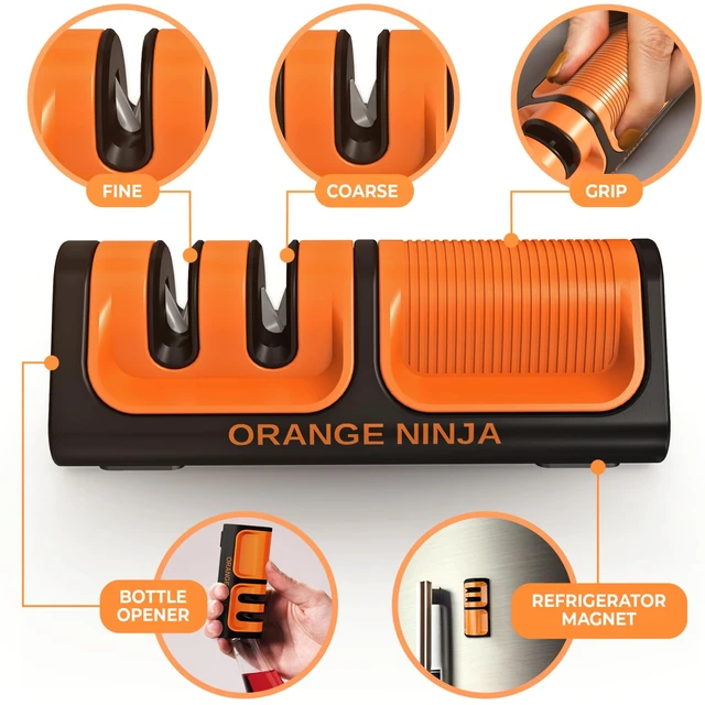 Alt view image 2 of 7 - Orange Ninja Mini Knife Sharpener - Coarse & Fine Small Knife Sharpener | Easy to Use Handheld Knife Sharpeners for Kitchen Knives, Pocket Knives with Bottle Opener & Fridge Attachment