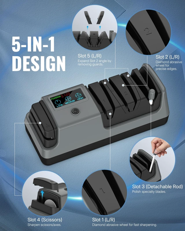 Alt view image 4 of 7 - Electric Knife Sharpener, 5-in-1, 3 Rotational Speed Adjustable Electric Knife Sharpener for Straight/Serrated/Ceramic Knives, Scissors, Chef Knives, Axes, Gray H01KS06