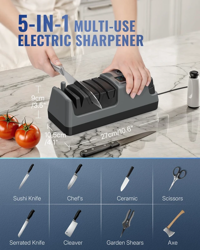 Alt view image 3 of 7 - Electric Knife Sharpener, 5-in-1, 3 Rotational Speed Adjustable Electric Knife Sharpener for Straight/Serrated/Ceramic Knives, Scissors, Chef Knives, Axes, Gray H01KS06