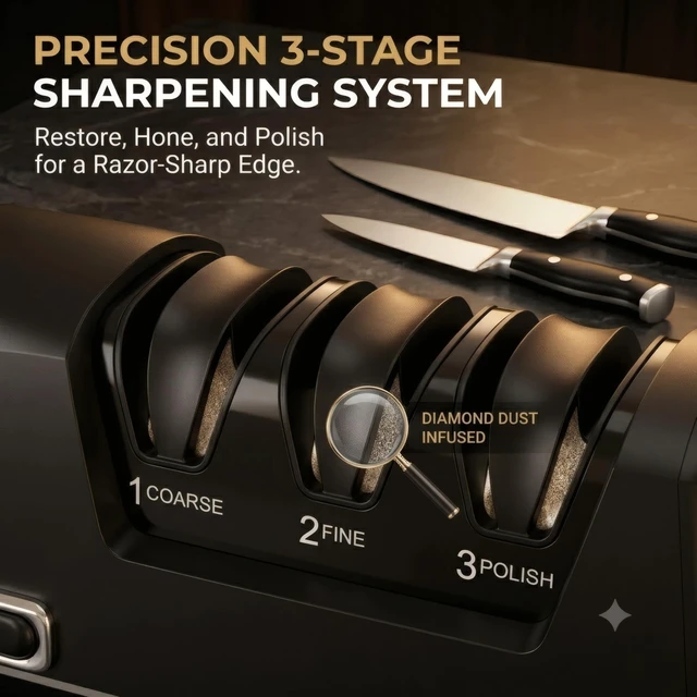 Alt view image 3 of 7 - 3-Stage Electric Knife Sharpener for Sharpening, Restore or Chef Knives | 100% 3M Diamond Wheels Consistent Results, Replaceable Abrasive, 3 in 1 Kitchen Knife Sharpener, effortless kitchen use