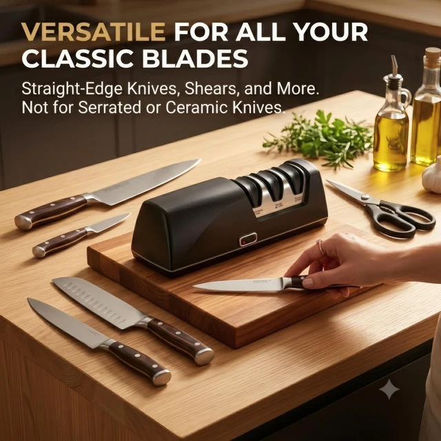 Alt view image 6 of 7 - 3-Stage Electric Knife Sharpener for Sharpening, Restore or Chef Knives | 100% 3M Diamond Wheels Consistent Results, Replaceable Abrasive, 3 in 1 Kitchen Knife Sharpener, effortless kitchen use